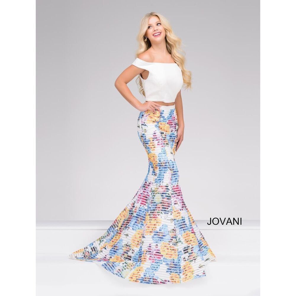 Jovani White Multi Off the Shoulder Mermaid Prom Dress - Size 4